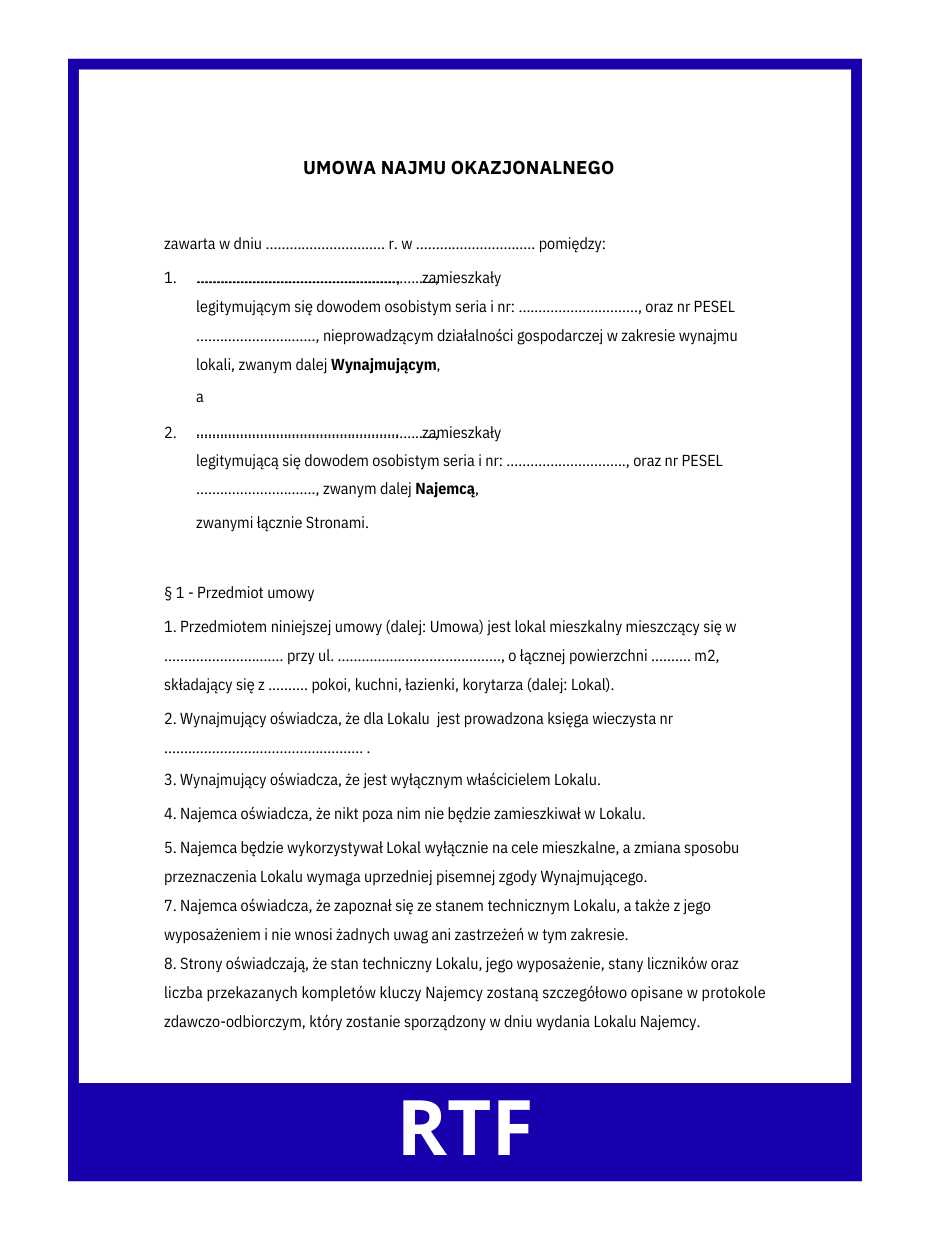 Najem okazjonalny mieszkania - poradnik, ryzyka, wzór umowy 2