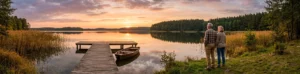 Skup działek nad jeziorem - seniorzy patrzący na zachód słońca nad jeziorem, obok drewniany pomost i łódka
