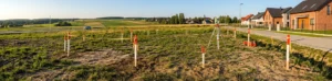 skup działek rolnych i budowlanych - wytyczona działka budowlana ze słupkami geodezyjnymi i sprzętem pomiarowym na tle zabudowy jednorodzinnej i pól